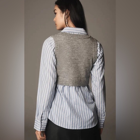 NWT! Anthropologie Maeve Embellished Crop Vest & Buttondown Twofer Top - 🐬🧢 - Picture 2 of 7